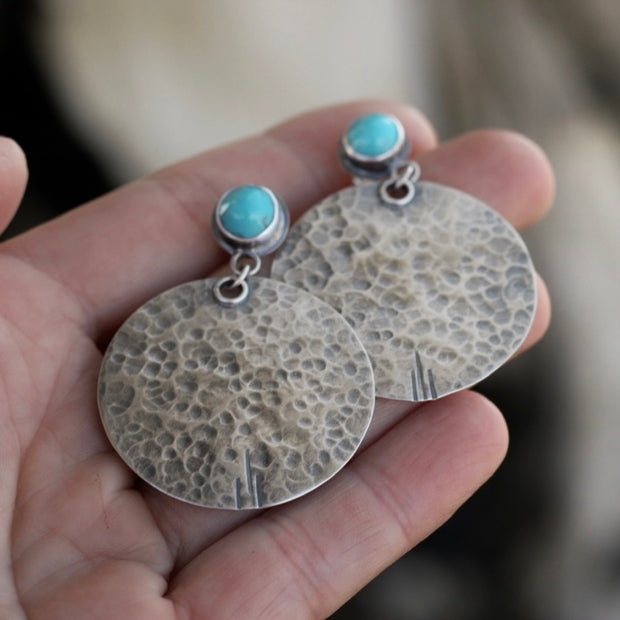Large Hammered Disc Earrings. Sterling + Turquoise Stud Posts