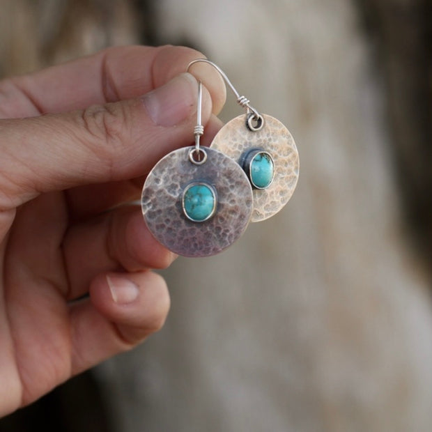 Hammered Disc Earrings, Sterling + Turquoise - Small Danglers